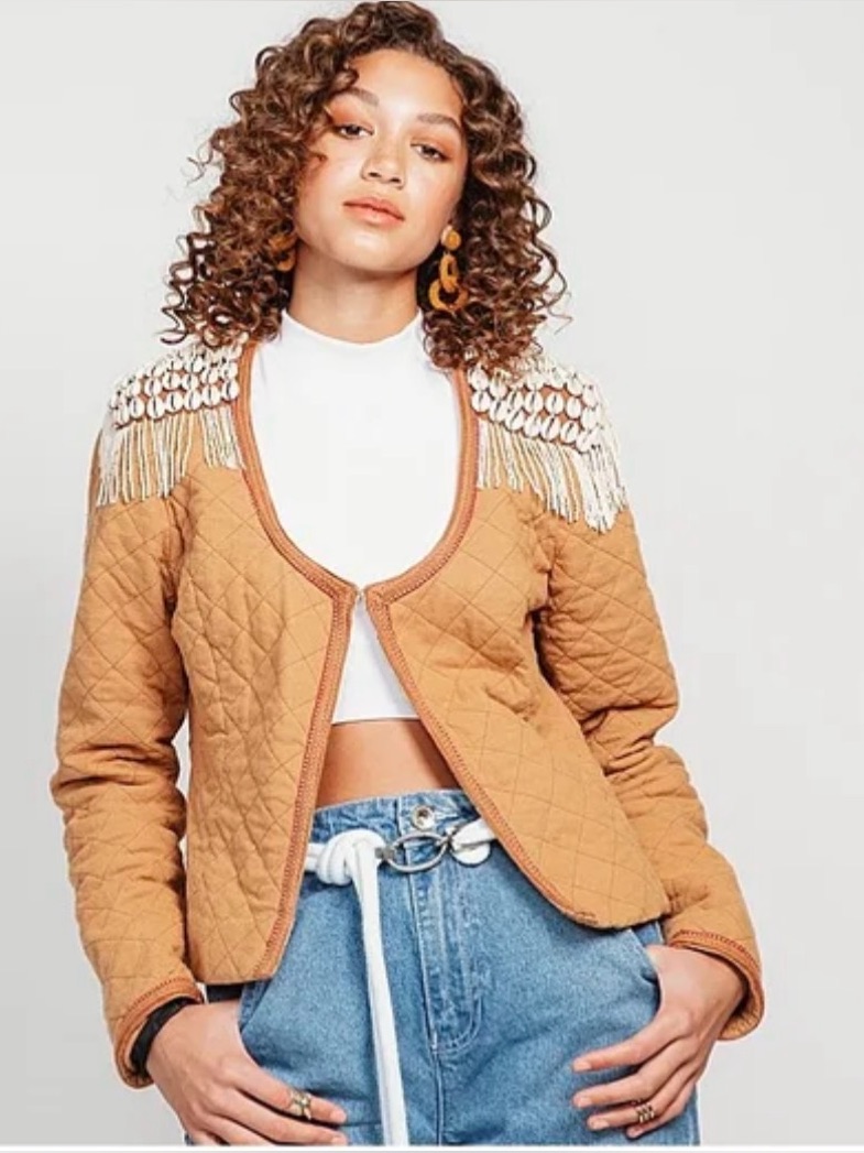 Madison Scotch Nwt Camel Quilted Jacket With Beaded Shell Fringe Size P/Xs